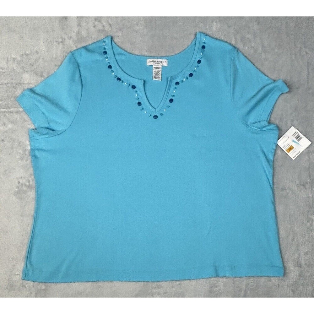 Sag Harbor Size 3X Fresh Bloom Clear Sky Blue Beaded Neckline Top